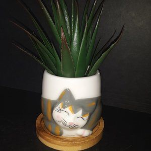 Kitty Cat Planter with Bamboo Saucer NWOT